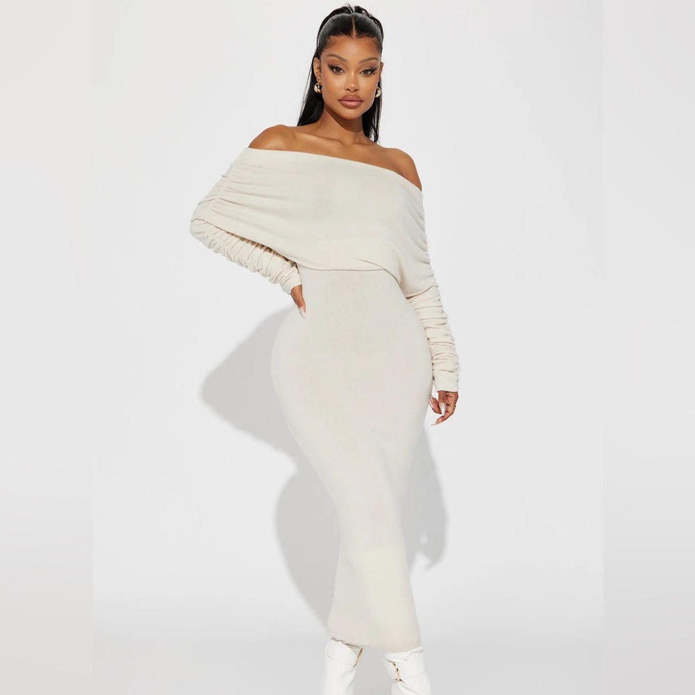 Fashion Nova Cream Off-Shoulder Sweater Maxi Dress